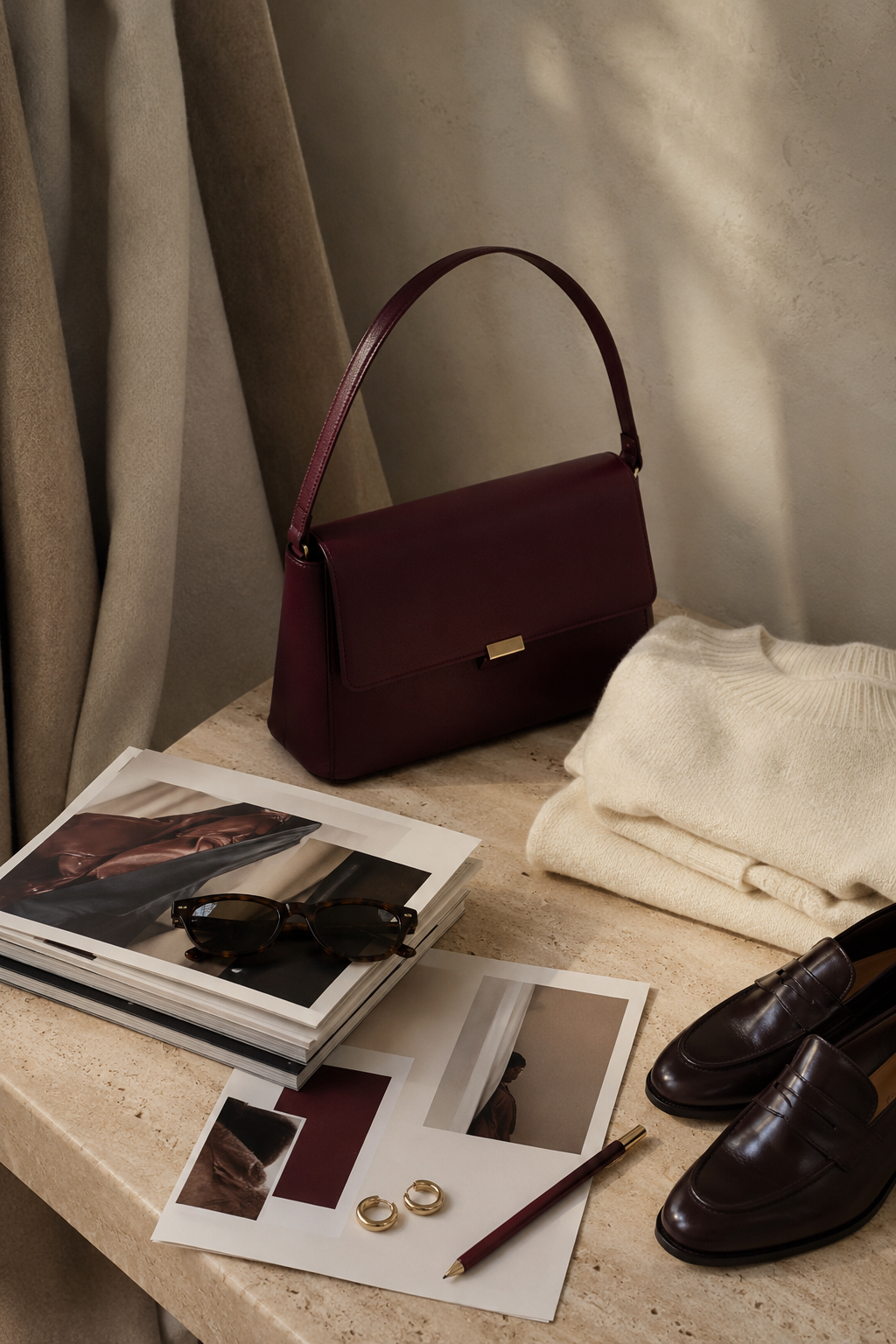 Burgundy bag, cream knitwear, loafers and fashion mood boards in a warm editorial setting